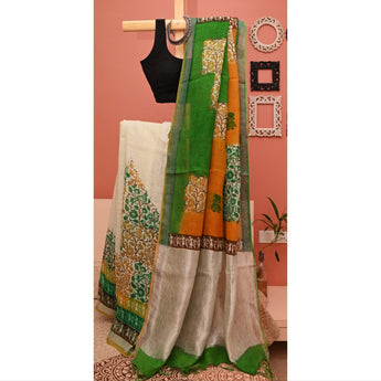 Ishwari, beige linen saree with floral print