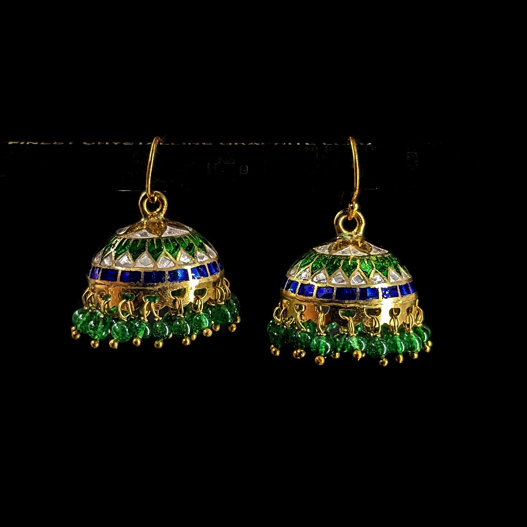 Silver Meenakari Green and Blue Jhumkas with Gold finish