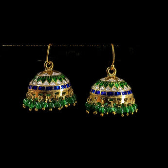 Silver Meenakari Green and Blue Jhumkas with Gold finish