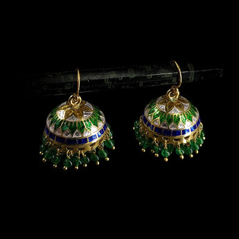 Silver Meenakari Green and Blue Jhumkas with Gold finish