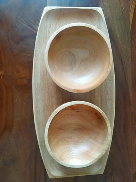 Wooden mahogany set of oval tray with 2 bowls