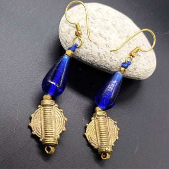 Dokra Blue and Gold Beads Danglers