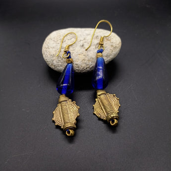 Dokra Blue and Gold Beads Danglers