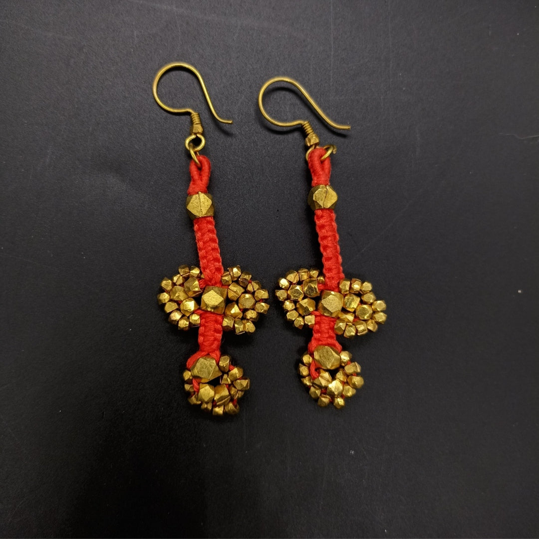 Dokra Orange Thread and Cluster Beads Earrings