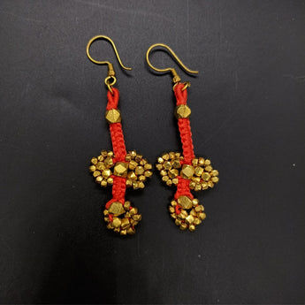 Dokra Orange Thread and Cluster Beads Earrings