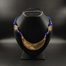Dokra short necklace - Blue Thread, Blue Beads and Moon Shaped Pendant with Earring
