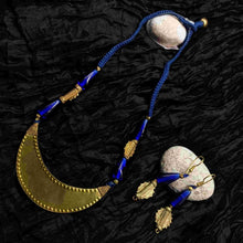 Dokra short necklace - Blue Thread, Blue Beads and Moon Shaped Pendant with Earring