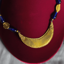 Dokra short necklace - Blue Thread, Blue Beads and Moon Shaped Pendant with Earring