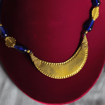 Dokra short necklace - Blue Thread, Blue Beads and Moon Shaped Pendant with Earring