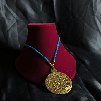 Dokra Necklace with Blue Thread and Round Pendant