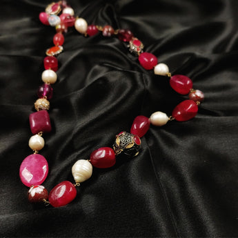 Red Quartz Necklace with Shell Pearls and Metal Beads
