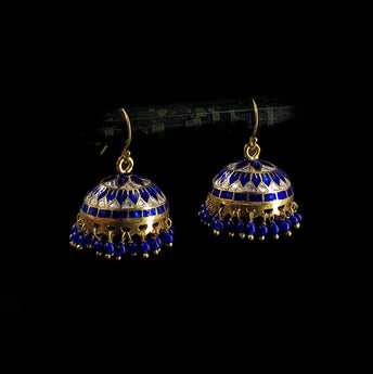 Silver Meenakari Blue Jhumkas with Gold finish