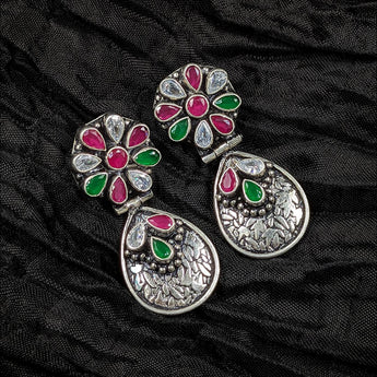 Silver Tribal Multi-coloured Floral Earrings