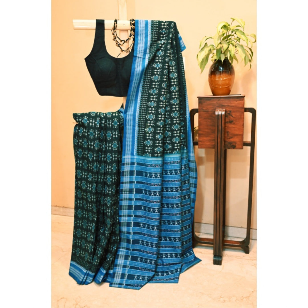 Amaya, a classic bottle green and blue, cotton Ikat saree