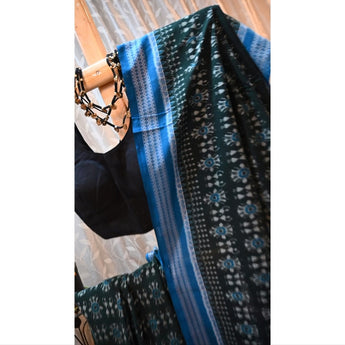 Amaya, a classic bottle green and blue, cotton Ikat saree