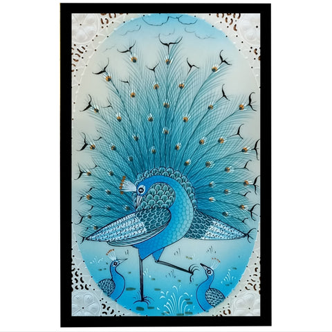 Camel Bone Painting of a Blue Peacock