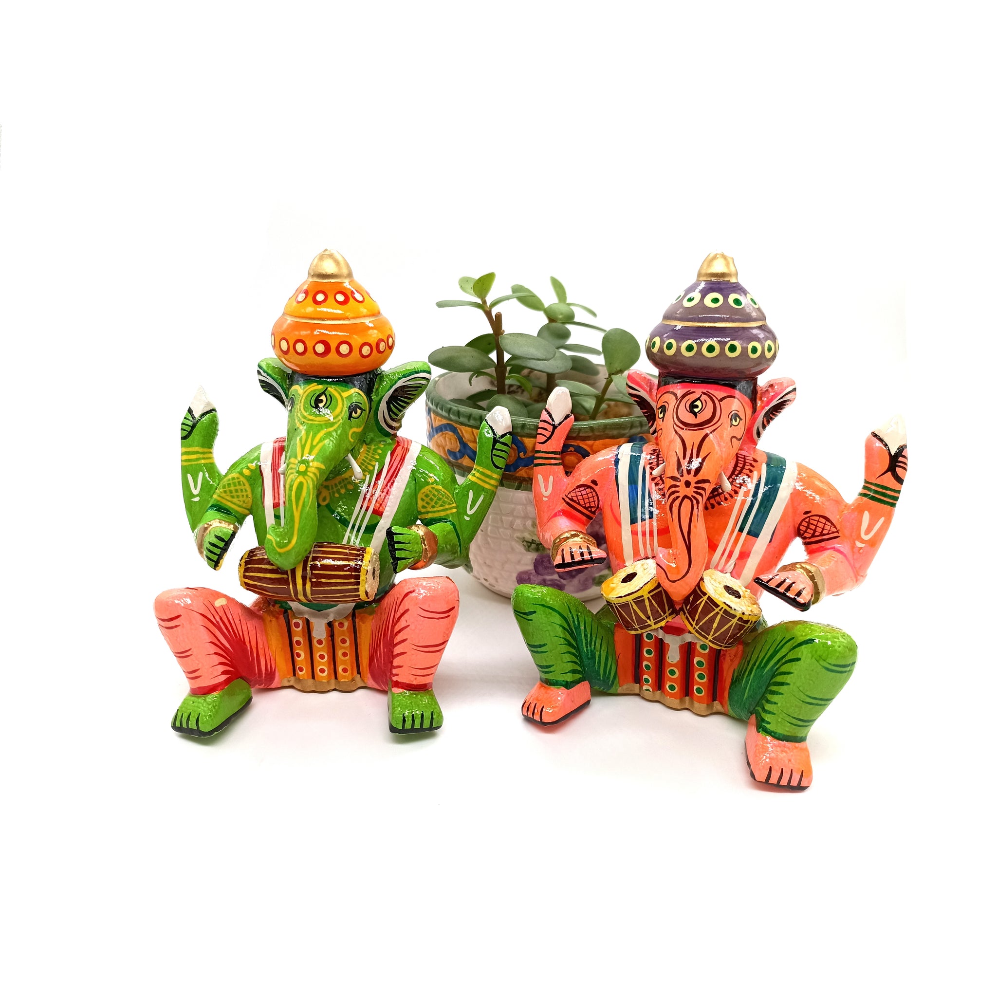 Colourful Wooden Ganeshas with dholak and tabla - set of 2