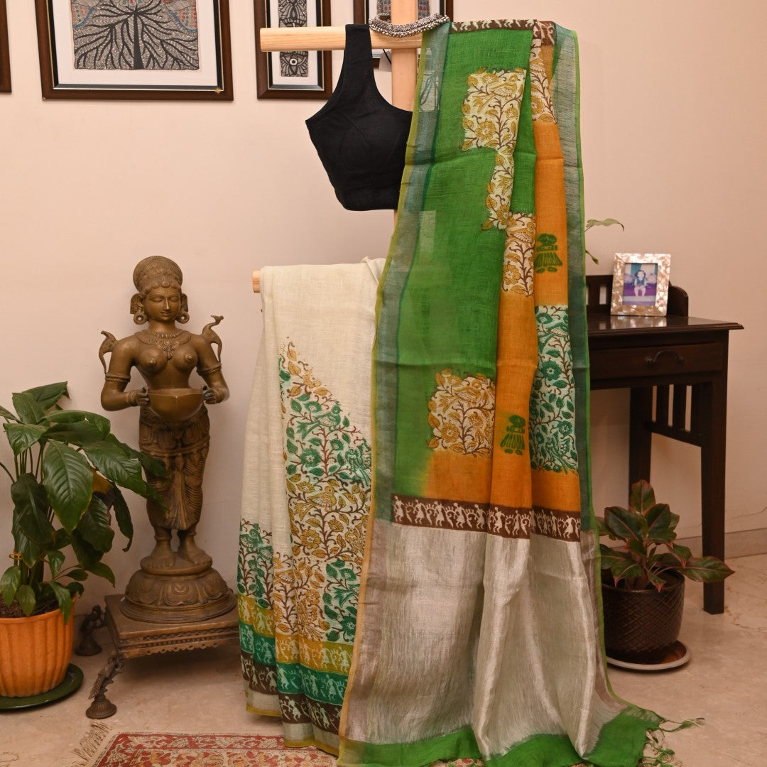 Ishwari, beige linen saree with floral print