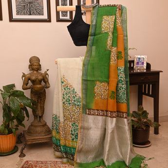 Ishwari, beige linen saree with floral print