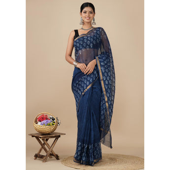 Indigo Kota Doria saree with white buttas