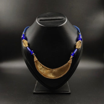 Dokra short necklace - Blue Thread, Blue Beads and Moon Shaped Pendant with Earring