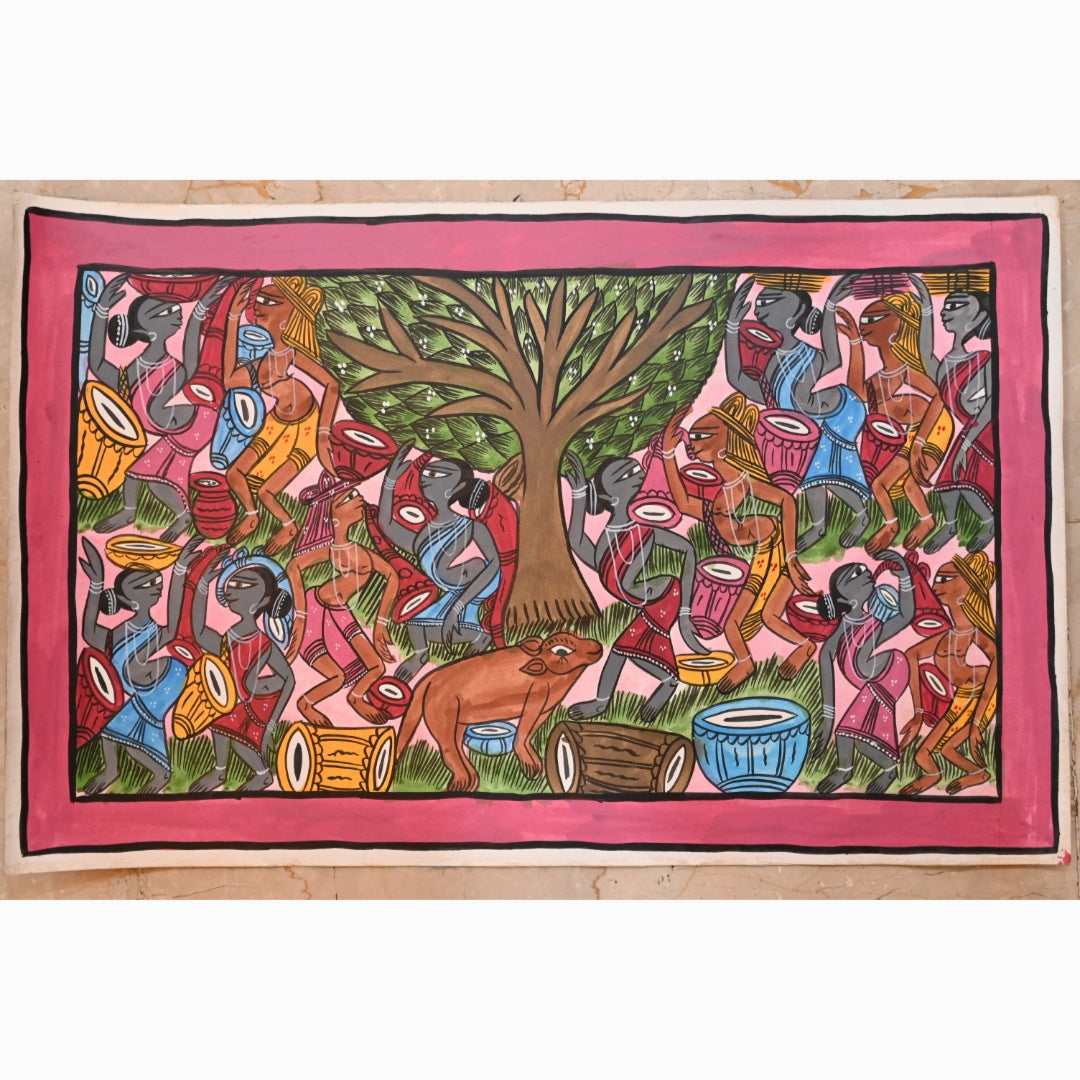 Santhal Pattachitra Painting of Dance around a tree
