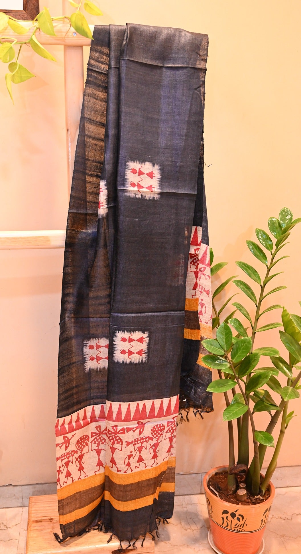Tussar silk Dupatta with warli print and tassels on side borders