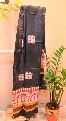 Tussar silk Dupatta with warli print and tassels on side borders