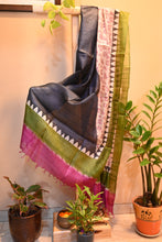 Black Tussar silk dupatta with warli print and tassels on both side borders with a touch of green and pink