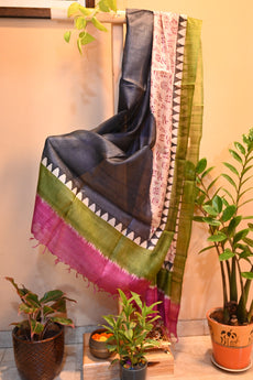 Black Tussar silk dupatta with warli print and tassels on both side borders with a touch of green and pink