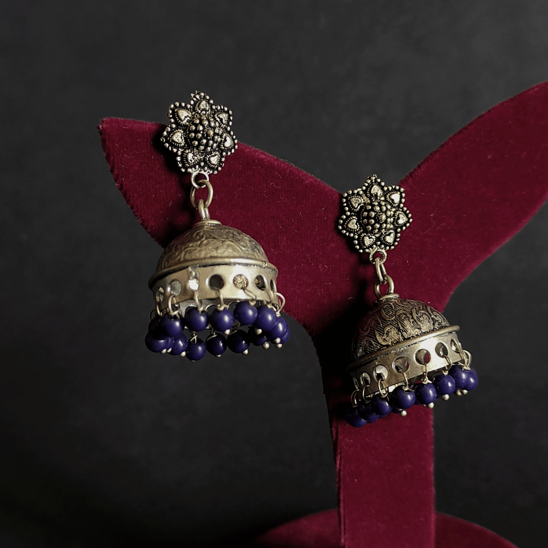 Banjara Jhumkas with Floral Studs and Blue Beads