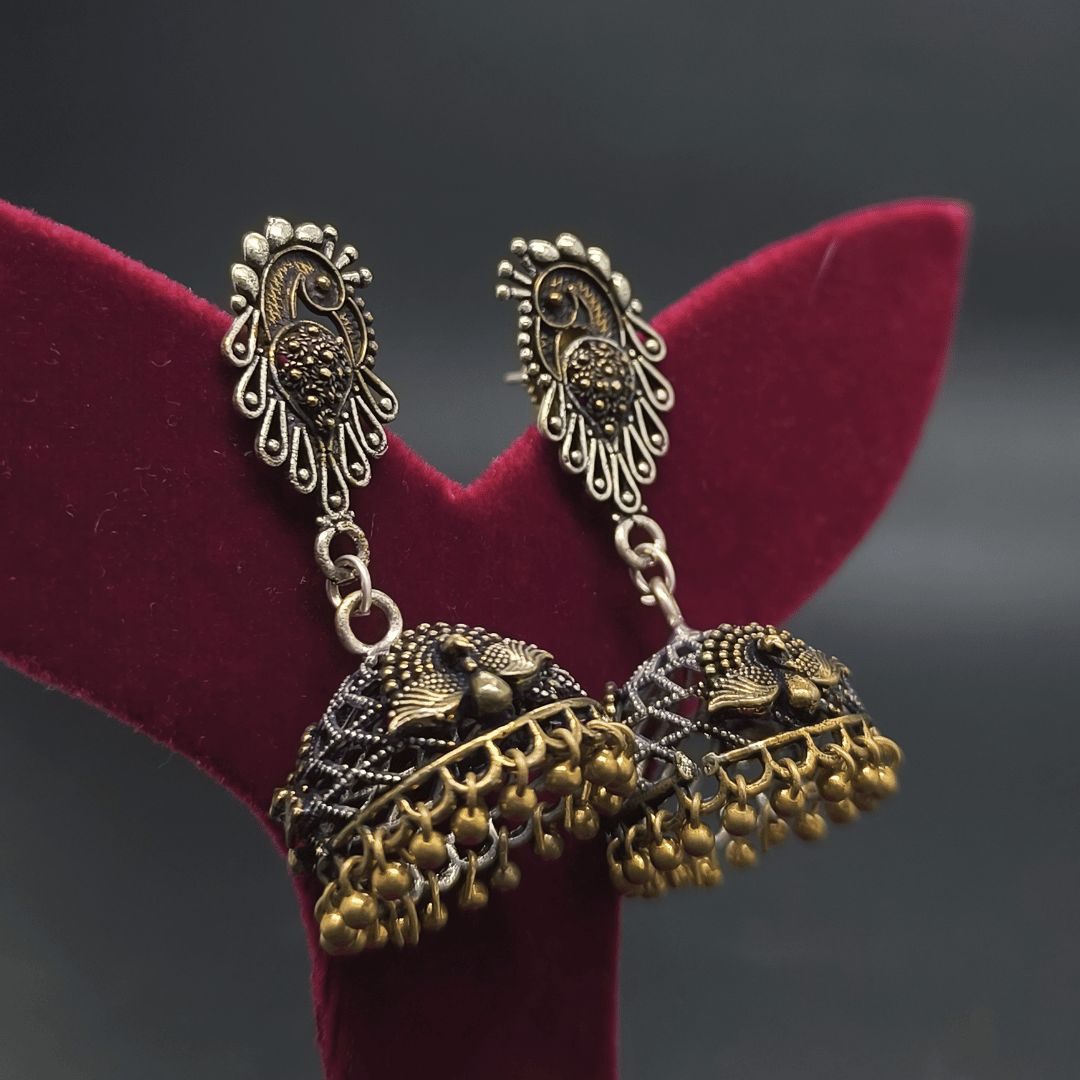 Banjara Jhumkas with Silver and Gold Peacock Design