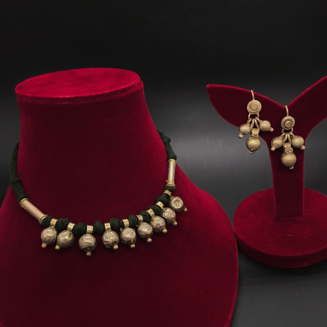 Banjara Necklace in Green Thread and Earrings