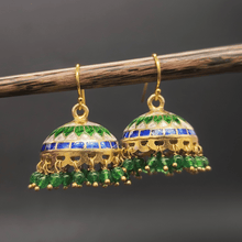 Silver Meenakari Green and Blue Jhumkas with Gold finish