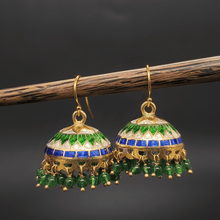 Silver Meenakari Green and Blue Jhumkas with Gold finish