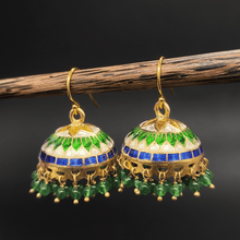 Silver Meenakari Green and Blue Jhumkas with Gold finish