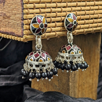 Silver Meenakari Brown Jhumkis with Studs