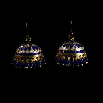 Silver Meenakari Blue Jhumkas with Gold finish