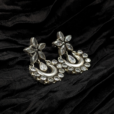 Silver Tribal Chandbalis with Floral studs