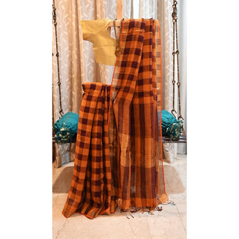 Urvi, orange and brown checkered linen saree