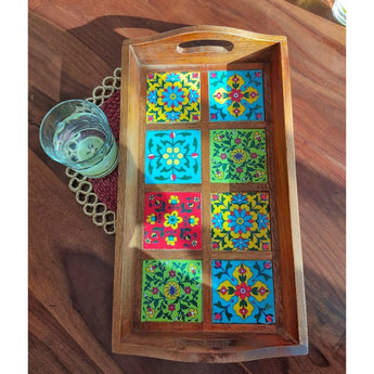 Wooden Tray with 8 Blue pottery tiles